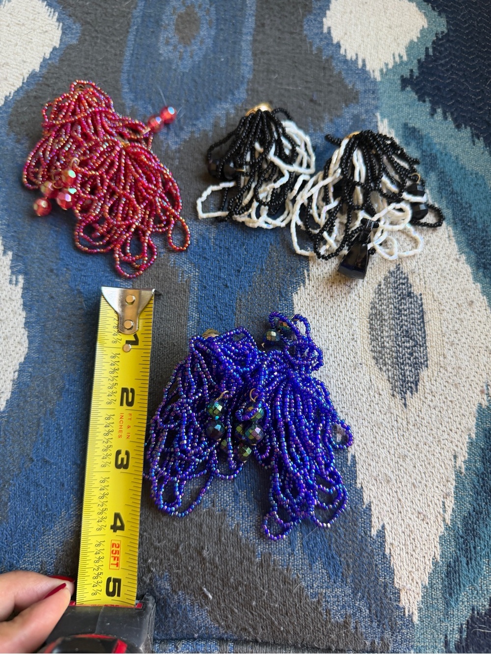 Vintage costume Beaded Fringe Earrings - Red, Black/White, Royal Blue - Picture 9 of 9